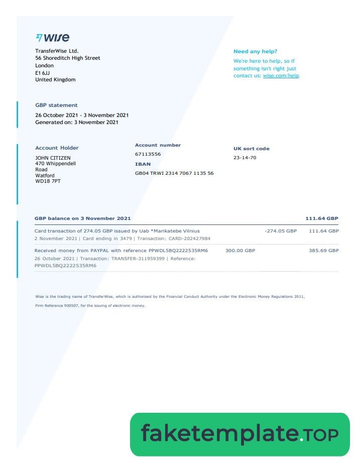 Feature of fake United Kingdom Wise bank statement example